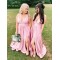 Long Pink V Neck Floor Length Bridesmaid Dresses 902266