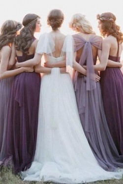 Long Grape Purple Tulle Floor Length Bridesmaid Dresses 902267
