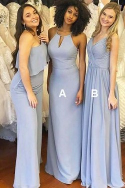 Long Blue Chiffon Floor Length Bridesmaid Dresses 902268