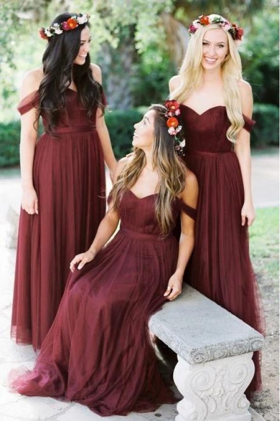 Long Tulle Off the Shoulder Bridesmaid Dresses 902271