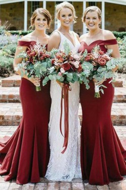 Long Mermaid Off the Shoulder Burgundy Bridesmaid Dresses 902272