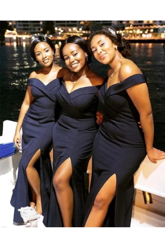 Long Navy Blue Off the Shoulder Bridesmaid Dresses 902273