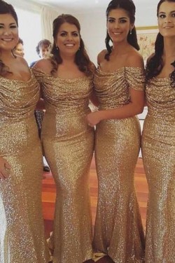 Long Mermaid Off the Shoulder Sequin Bridesmaid Dresses 902275