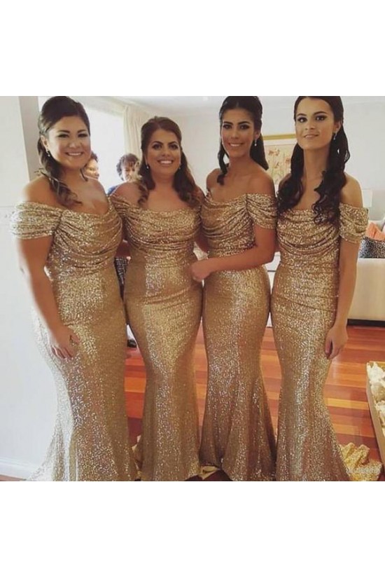 Long Mermaid Off the Shoulder Sequin Bridesmaid Dresses 902275