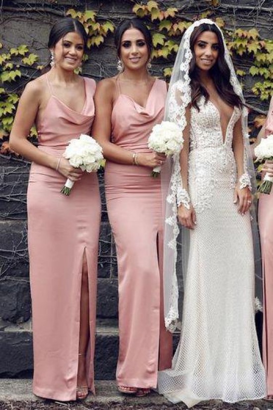 Long Pink Sheath Bridesmaid Dresses 902276