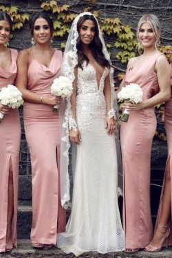 Long Pink Sheath Bridesmaid Dresses 902276