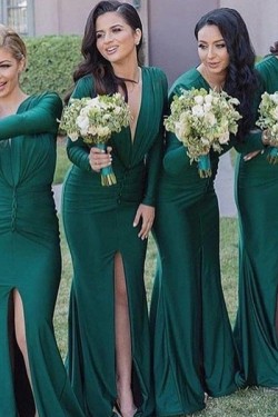 Long Green Floor Length Bridesmaid Dresses with Long Sleeves 902285