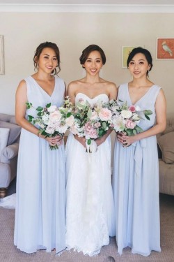Long Blue Chiffon V Neck Floor Length Bridesmaid Dresses 902287