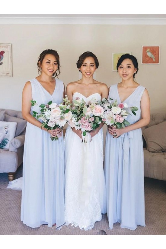 Long Blue Chiffon V Neck Floor Length Bridesmaid Dresses 902287