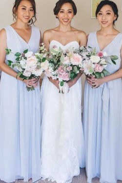 Long Blue Chiffon V Neck Floor Length Bridesmaid Dresses 902287