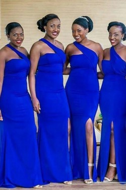 Long Royal Blue One Shoulder Bridesmaid Dresses 902291