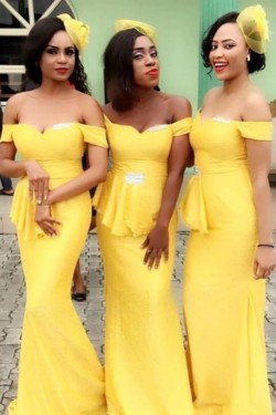 Long Yellow Mermaid Off the Shoulder Bridesmaid Dresses 902294