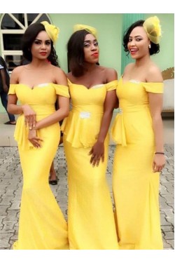 Long Yellow Mermaid Off the Shoulder Bridesmaid Dresses 902294