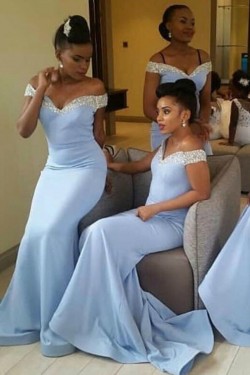 Long Blue Mermaid Off the Shoulder Bridesmaid Dresses 902295