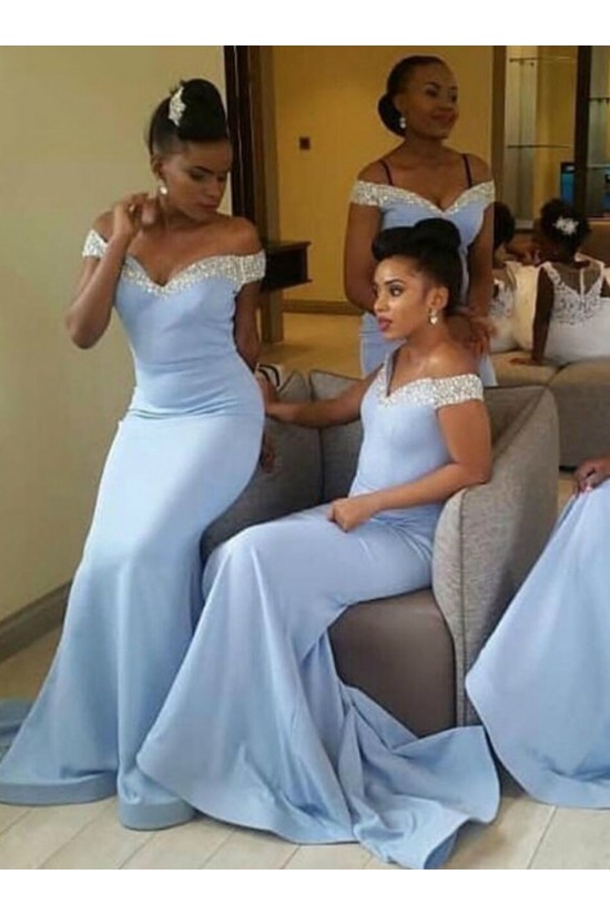 Long Blue Mermaid Off the Shoulder Bridesmaid Dresses 902295