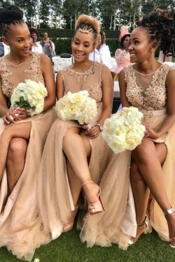 Long Beaded Lace and Tulle Bridesmaid Dresses 902298