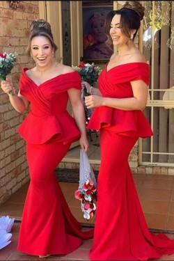 Long Red Mermaid Off the Shoulder Bridesmaid Dresses 902300