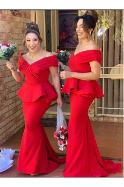 Long Red Mermaid Off the Shoulder Bridesmaid Dresses 902300