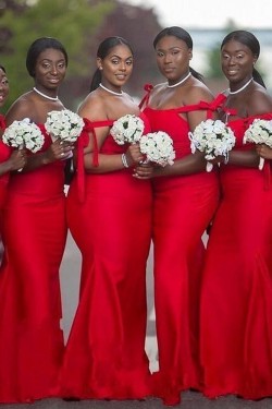 Long Red Mermaid Floor Length Bridesmaid Dresses 902301