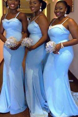 Long Blue Mermaid Spaghetti Straps Bridesmaid Dresses 902302