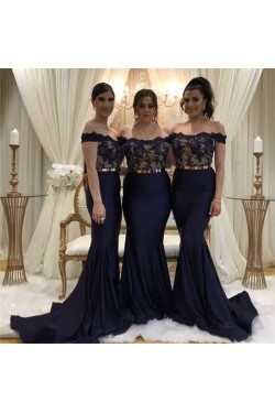 Long Navy Blue Mermaid Lace Off the Shoulder Bridesmaid Dresses 902305
