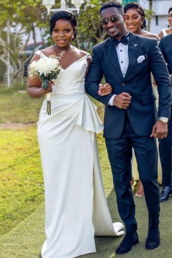 Long White Sheath Off the Shoulder Bridesmaid Dresses with Slit 902306