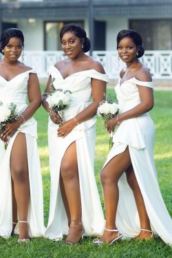 Long White Sheath Off the Shoulder Bridesmaid Dresses with Slit 902306