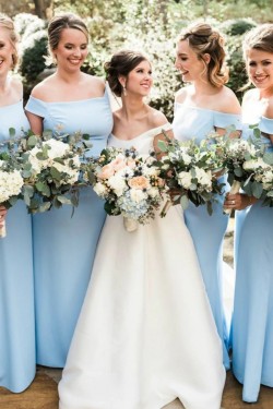 Long Blue Off the Shoulder Floor Length Bridesmaid Dresses 902313