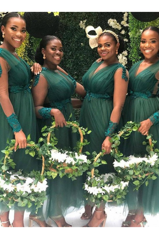 Long Green Tulle Lace V Neck Tea Length Bridesmaid Dresses with Long Sleeves 902315 Long Green Tulle Lace V Neck Tea Length Bridesmaid Dresses with Long Sleeves 902315