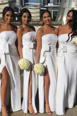 Long White Strapless Sheath Bridesmaid Dresses 902316