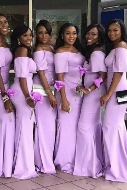 Long Mermaid Lilac Floor Length Bridesmaid Dresses with Short Sleeves 902318