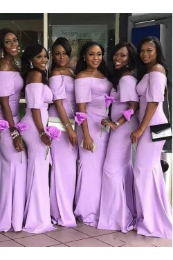 Long Mermaid Lilac Floor Length Bridesmaid Dresses with Short Sleeves 902318