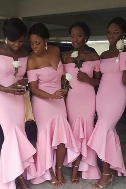 Mermaid Long Pink off the Shoulder Bridesmaid Dresses 902320