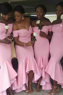 Mermaid Long Pink off the Shoulder Bridesmaid Dresses 902320