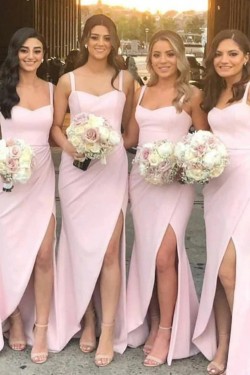 Long Pink Spaghetti Straps Bridesmaid Dresses 902321