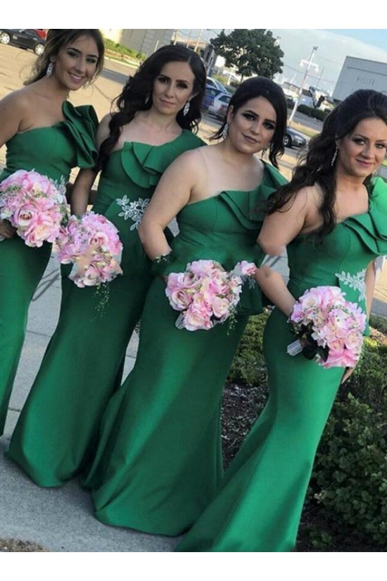 Long Green Mermaid One Shoulder Bridesmaid Dresses 902322