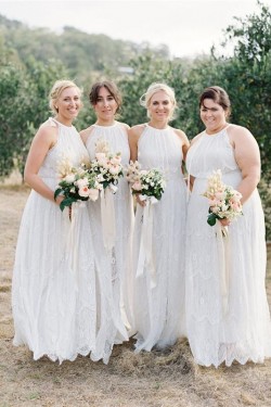 Long White Lace Floor Length Bridesmaid Dresses 902332