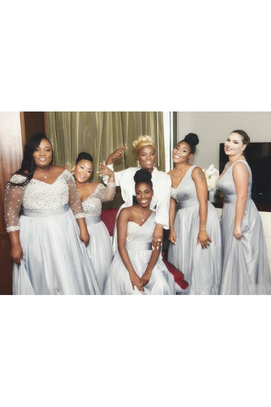 A-Line Long Chiffon Beaded Plus Size Bridesmaid Dresses 902335