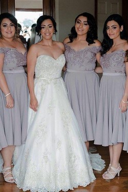 Short Chiffon and Lace Off the Shoulder Bridesmaid Dresses 902336