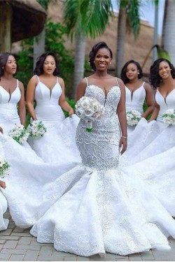 Long White Mermaid Spaghetti Straps Bridesmaid Dresses 902337