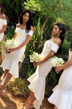 Short White Mermaid Off the Shoulder Bridesmaid Dresses 902344