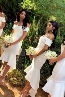 Short White Mermaid Off the Shoulder Bridesmaid Dresses 902344