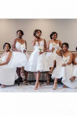 Short White Spaghetti Straps Beaded Bridesmaid Dresses 902345