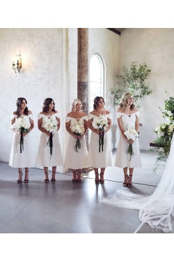 Long White Off the Shoulder Tea Length Bridesmaid Dresses 902346