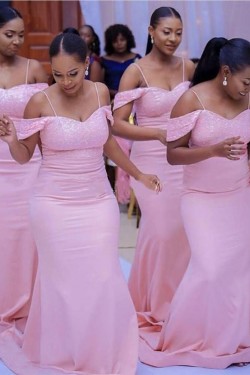 Long Pink Mermaid Spaghetti Straps Lace Bridesmaid Dresses 902349