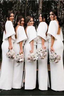 Long White Floor Length Bridesmaid Dresses with Sleeves 902353