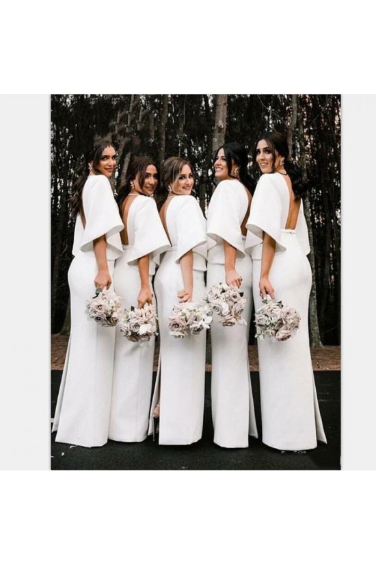 Long White Floor Length Bridesmaid Dresses with Sleeves 902353