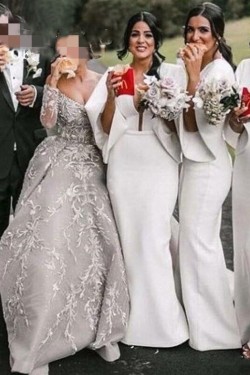 Long White Floor Length Bridesmaid Dresses with Sleeves 902353