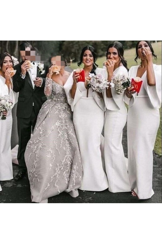Long White Floor Length Bridesmaid Dresses with Sleeves 902353