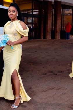 Long Yellow Mermaid Beaded Lace Bridesmaid Dresses 902354